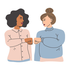 Two women bumping their fists as a greeting or sign of friendship. Alternative handshake vector illustration