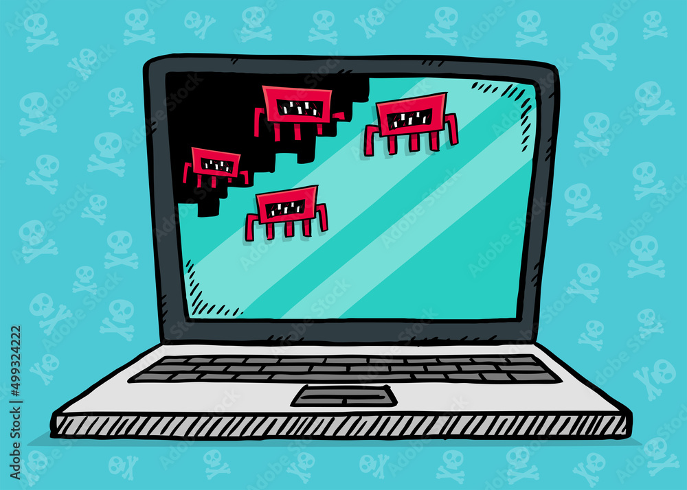 Poster hand drawn illustration of a laptop attacked by computer viruses erasing its memory. sketch style ve