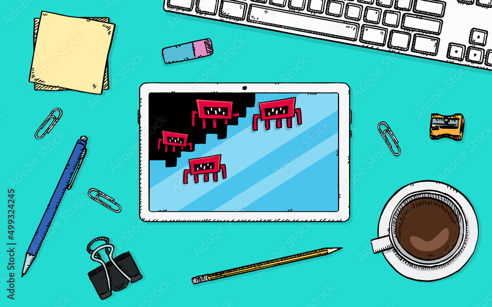 Poster hand drawn illustration of a tablet lying on a office desk and being attacked by viruses erasing its