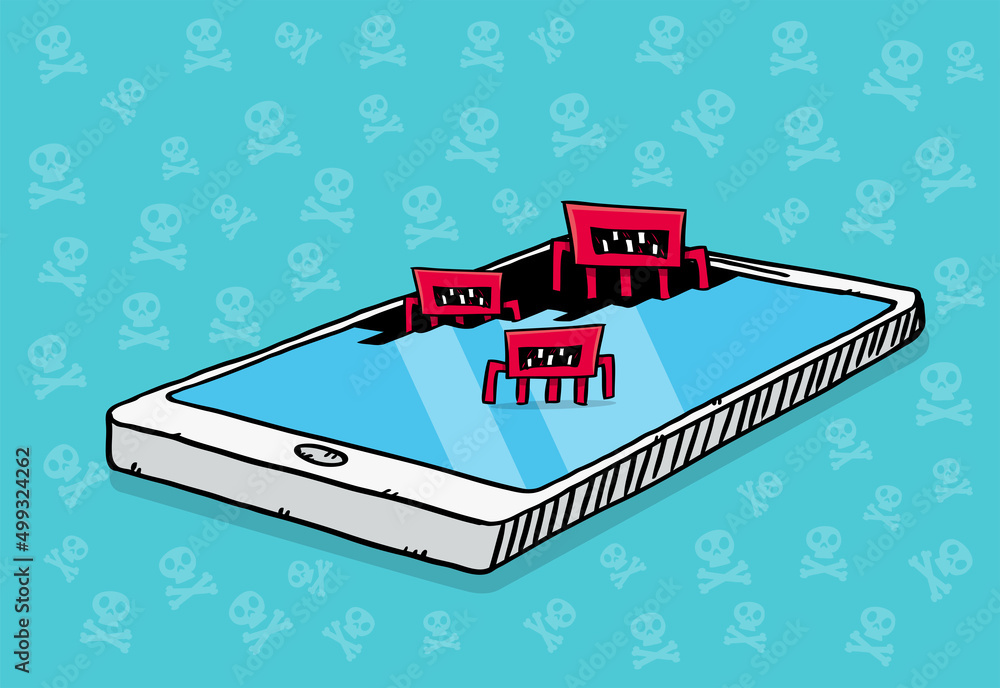Poster hand drawn vectorof a mobile phone attacked by viruses erasing its memory.