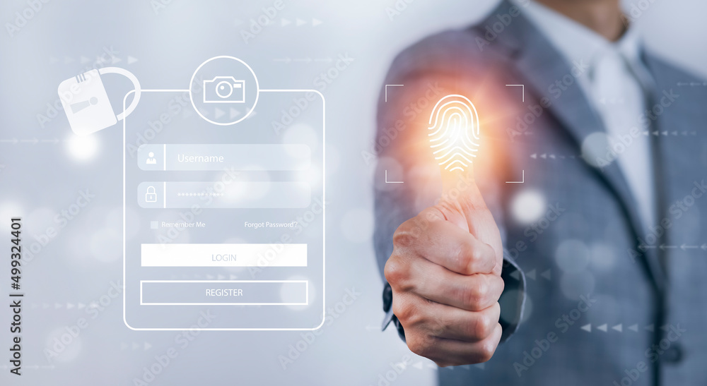Poster the man use fingers to scan the protection system cyber security, login, user, identification inform