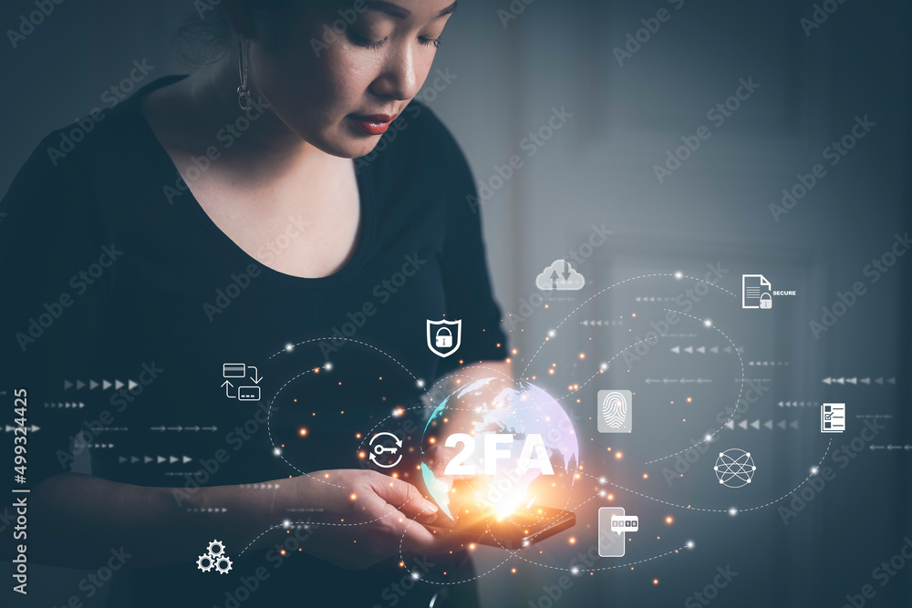 Poster smartphones online with cybersecurity privacy protect data. 2fa internet network security technology