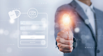 The Man use fingers to scan the protection system cyber security, Login, User, identification information security and encryption, secure access to user's personal information, secure Internet access