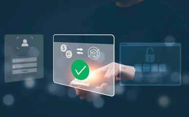 Man using smart mobile phone to pay online Concept, online payment mobile technology, smartphone touching pay button mobile banking application in Black background, banking and online shopping.