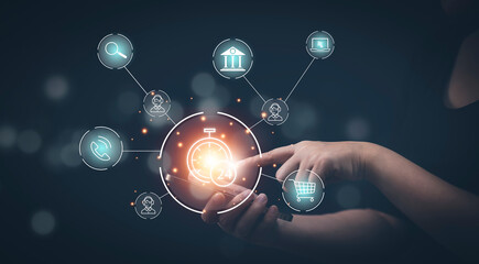 Clock 24h service and people icon Concept, Businesswoman hand holding clock and line people icon, time management and business work planning, idea and concept of the schedule of the daily routine,