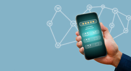 Hand hold Smartphone with Customer review satisfaction feedback survey concept, User give rating to...