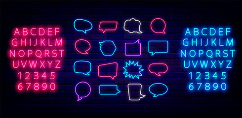 Colorful speech bubbles neon signs collection. Empty frames for text. Shiny blue and pink alphabet. Vector illustration