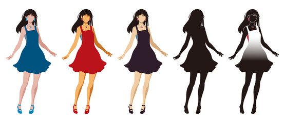 サマードレス姿の女性セット　人物　挿し絵　シルエット
