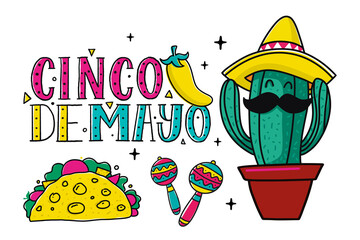 Cinco de mayo with lettering. May 5, federal holiday in Mexico. Poster with cactus in sombrero and maracas. Cartoon style. Vector banner
