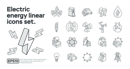 Electric energy linear icons set. Electricity. Power generation and accumulation. Thin line symbols. Isolated vector outline illustrations. Editable stroke.