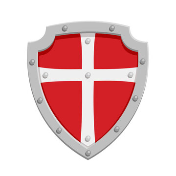 Medieval shield with a cross on a red background.Vector illustration isolated on white background