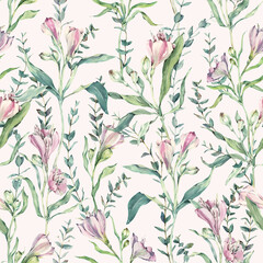 Seamless pattern on a light background consists of pink watercolor flowers and alstroemeria buds and thin sprigs of eucalyptus. Perfect for textiles, wallpaper, wrapping paper.