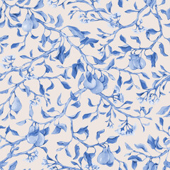Seamless pattern with pear branches, flowers and fruits, in blue tones on a light beige background. Hand drawn in watercolor, for textile, wallpaper, wrapping paper, wedding design.