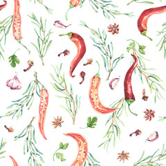 Naklejka premium Seamless pattern on a white background consists of various spices: hot pepper, rosemary, garlic, cloves, anise. Painted by hand in watercolor. Perfect for textiles, wrapping paper, menu design