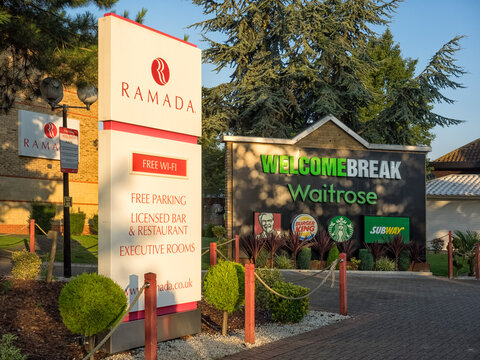 BIRCHANGER, ESSEX, UK - AUGUST 11, 2017:  Signs at the Birchanger Service Station on the M11