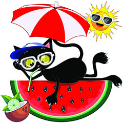 Personnage de dessin animé de chat et pastèque juteuse Summertime Chill Illustration vectorielle humoristique isolée sur blanc