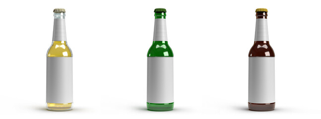 Three types of beer bottles isolated on white background 3D rendering