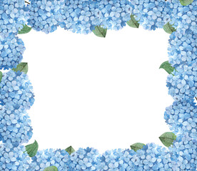 Floral frame, watercolor blue hydrangea isolated on a white background, perfect background for holiday and wedding invitations and postcards