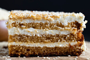 creamy cream and caramel cakes sprinkled with sesame