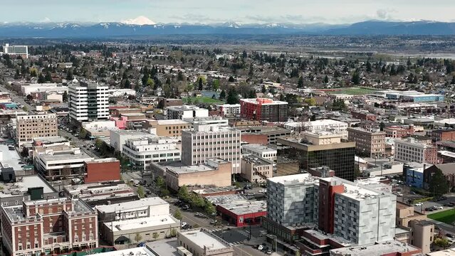 Wide Angle Aerial View of Downtown Everett Washington USA 4K UHD