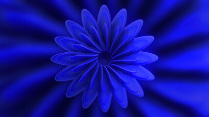 Abstract seamless loop loop motion of blue flower petals on a black background. Motion. Hypnotic flower bud silhouette spinning endlessly.