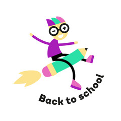 Back to school. Happy pupil or student flying on the pencil - rocket forward to knowledge. School logo or icon in a flat style. Vector.