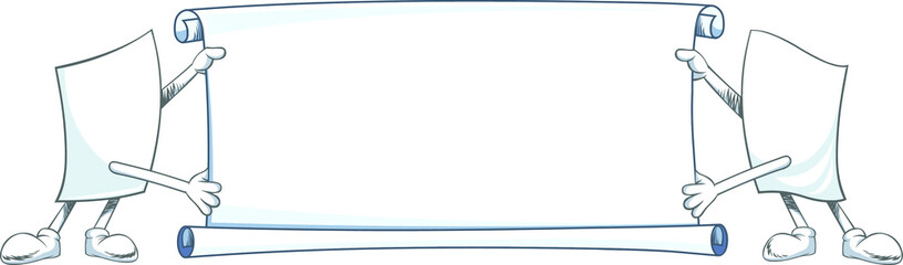 Two cartoon blank paper characters holding blank banner. 
 Vector illustration isolated on white background.

