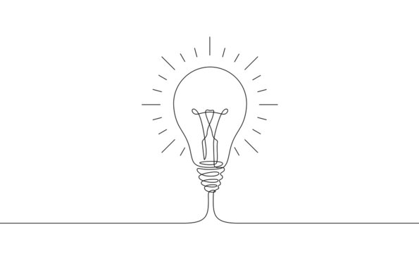 Continuous one line drawing glowing light bulb. Vector illustration minimalism concept