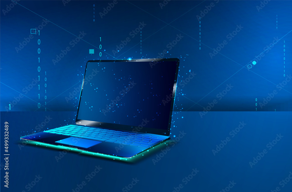 Poster a notebook consisting of polygons. laptop in a futuristic polygonal style with a skeleton, low-poly 