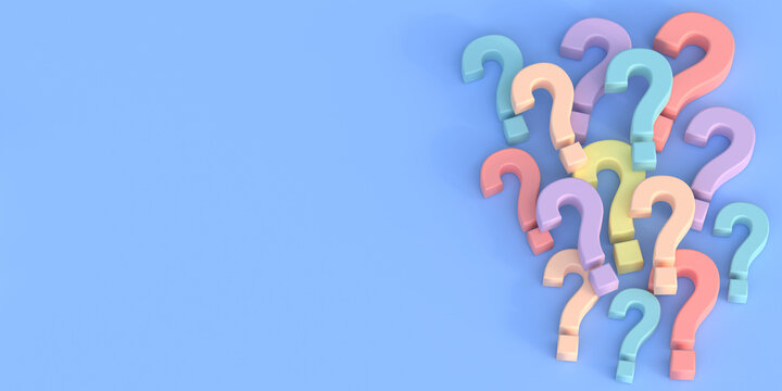 Pastel colored question marks on a blue background