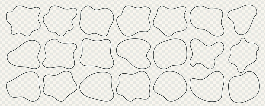 Simple line amoeba frame or circle outline border vector illustration set isolated on white. Doodle linear amorphous border. Hand drawn blotch shape. Abstract oval creative template, blob shape