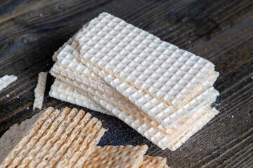thin crispy waffles made of wheat flour, eggs and sugar