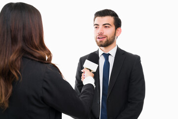 Businessman in an interview with a journalist