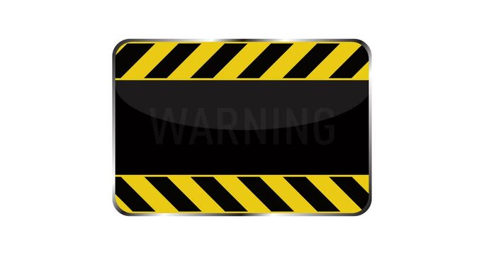 Animated video icon illustration with text Warning with blink text and running stripe on yellow and black banner background on white background