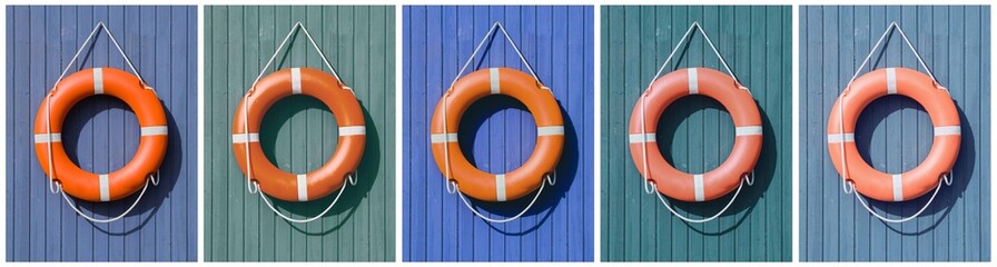 Five orange lifebuoys on backgrounds that differ in tinting form a decorative horizontal poster in...