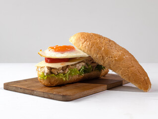 Homemade Hoagie with meat chicken egg, lettuce and Tomato. Official Sandwich of Philadelphia. National Hoagie Day concept