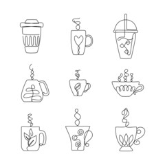 Cups of coffee or tea in different shapes with sugar cubes, tea leaves, coffee beans and abstraction. Modern minimalist Style. Vector illustration in continuous line art drawing style