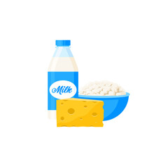 Dairy Products flat vector illustrations composition. Bottle of milk, cheese, cottage cheese. Set of milk and cheese. Isolated