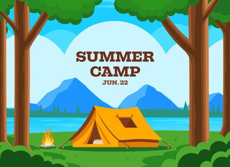 Summer Camp invitation card with flat vector camping landscape. Camping scenery design template. Tent, bonfire, trees, river and mountains.