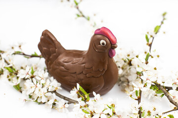 chocolate chicken on a white background near the flowers