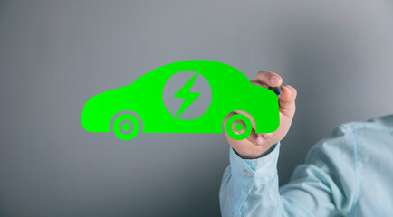 Illustrated green electric car. Man tapping on the screen