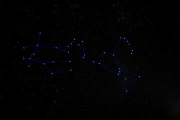 nightscape, night full of stars, constellation Gemini and Orion, view into a bright night sky of the northern hemisphere