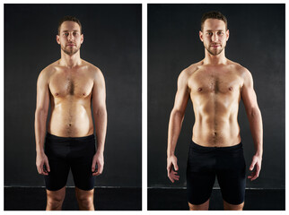 Before and after. Before and after shot of a shirtless young man posing against a dark background.