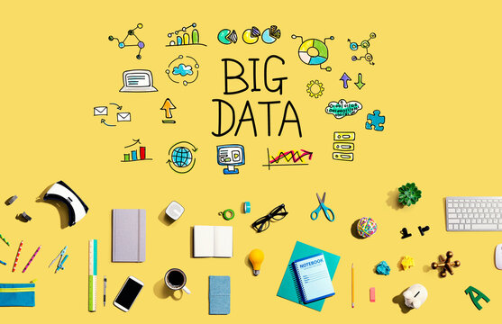 Big data theme with collection of electronic gadgets and office supplies