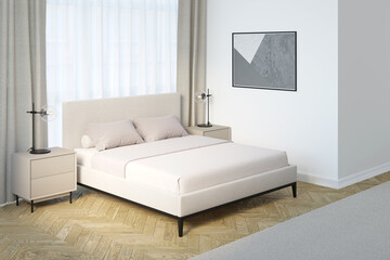 Light modern bedroom with a horizontal poster on a white wall, modern lamps on beige nightstands on the sides of a light bed near a curtained window, and a beige carpet on the parquet floor. 3d render