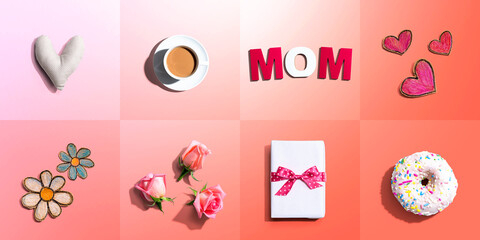 Mothers day theme with gift box, hearts and roses - flatlay