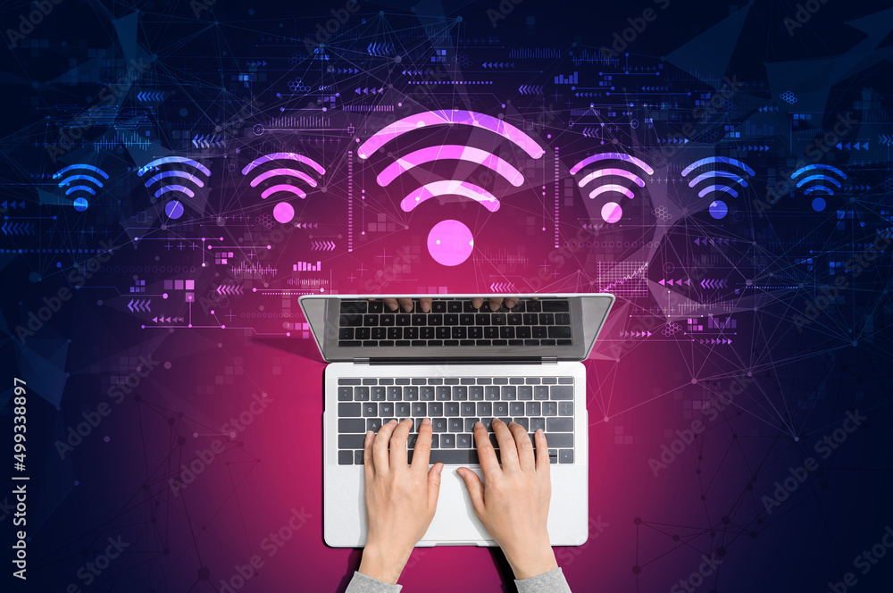 Poster wifi theme with person using a laptop computer
