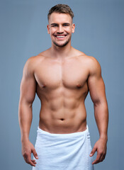Fototapeta premium Lifes a journey shown by your body. Studio portrait of a muscular young man posing in a towel against a grey background.