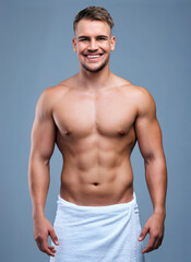 Lifes a journey shown by your body. Studio portrait of a muscular young man posing in a towel against a grey background.