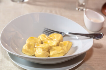 Traditional pelmeni, ravioli, dumplings filled with meat on plate, russian kitchen